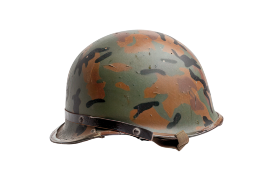 Camouflage military helmet isolated on a white background, perfect for themes on security, protection, and military equipment.