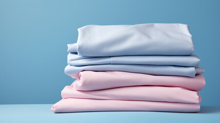 pink bed linen stacked on top of each other on a blue background