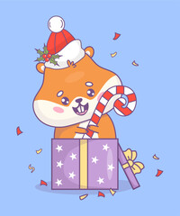 Christmas hamster in hat with holly and with striped candy cane in gift box with holiday tinsel. Xmas funny holiday cartoon kawaii character animal. Vector illustration. Kids collection