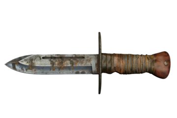 Close-up of a rusty survival knife with a worn handle, isolated on a white background. Perfect for outdoor and adventure themes.