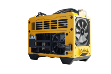 Compact yellow industrial-grade fuel generator with cooling fans for emergency power supply and outdoor activities.