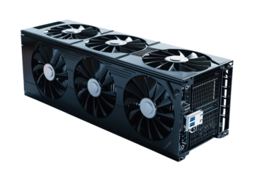 High-performance GPU unit with multiple cooling fans for cryptocurrency mining or professional graphics rendering.