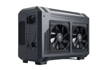 High-performance gaming computer case with dual large cooling fans for optimized airflow and thermal management.