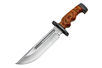 High-quality hunting knife with a wooden handle and stainless steel blade, perfect for outdoor adventures and survival situations.