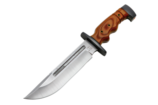 High-quality hunting knife with a wooden handle and stainless steel blade, perfect for outdoor adventures and survival situations.