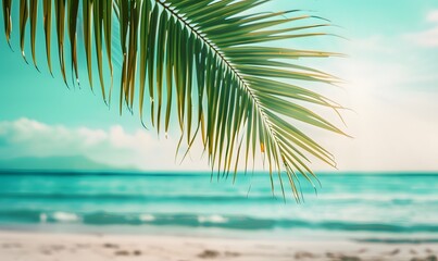 Vibrant Palm Leaf Against Tropical Beach Background, Generative AI