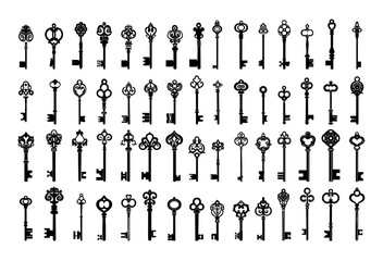 Keys black silhouettes vector set. Metal monogram lock release rod retro lace vintage fixture icons isolated on white background