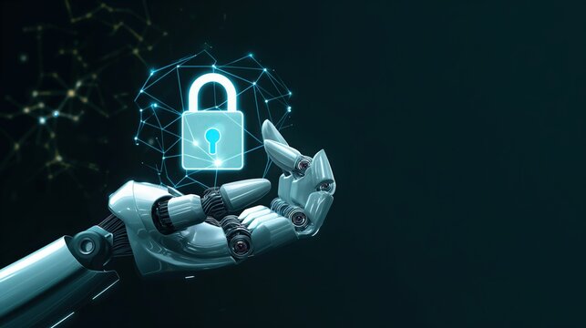 Ai hand holding lock, security and protection of artificial intelligence against cyberware on a black background, cybersecurity concept