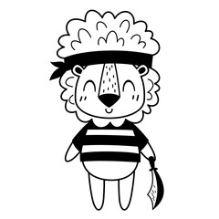 Black and white pirate animal clipart. Lion clipart. Pirate lion in cartoon flat style. Hand drawn vector illustration.
