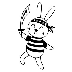 Black and white pirate animal clipart. Rabbit clipart. Pirate rabbit in cartoon flat style. Hand drawn vector illustration.