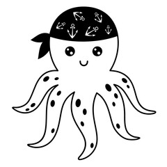 Black and white pirate animal clipart. Octopus clipart. Pirate octopus in cartoon flat style. Hand drawn vector illustration.