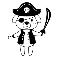 Black and white pirate animal clipart. Dog clipart. Pirate dog in cartoon flat style. Hand drawn vector illustration.