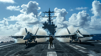 U.S. Navy Aircraft Carrier Deck Operations with Fighter Jets Preparing for Takeoff under Blue Skies.