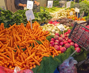 Big Bunch of Carrots Vegetables at Farmers Market Stall