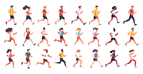 Marathon runners cartoon vector set. Men women shirts jogging shorts moving activity sport characters isolated on white background