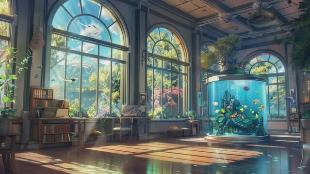 interior of the room with aquarium and beautiful view in the window. digital painting illustration with cartoon or anime style.