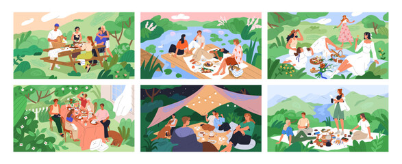 Summer picnics set. People at garden table, blanket on pier, mat in park. Cozy outdoor food party on backyard and field. Friends eating, chilling in nature, landscapes. Flat vector illustrations
