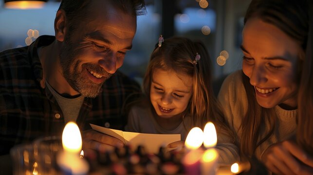 Photograph of a happy American family at a birthday party Open card reader There is a happy family cake and background.