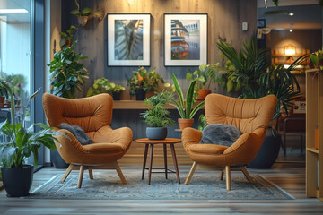 Living room interior composition with two designed armchairs, wooden coffee table and a lot of plants
