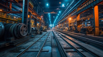 Industrial Manufacturing Facility With Stacks of Steel Rolls and Machinery at Night