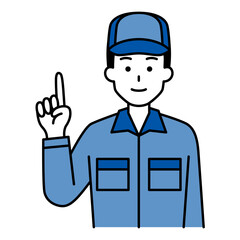 指差して説明するつなぎ作業服の男性