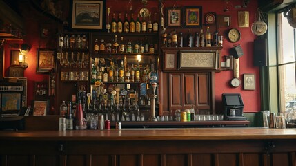 the counter bar in a cosy old english or irish pub with lots of whisky bottles in the background