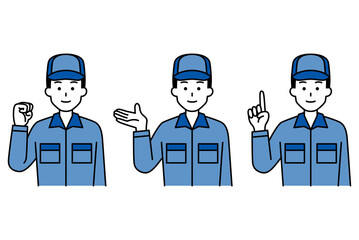 上半身のつなぎ作業服の男性　セット