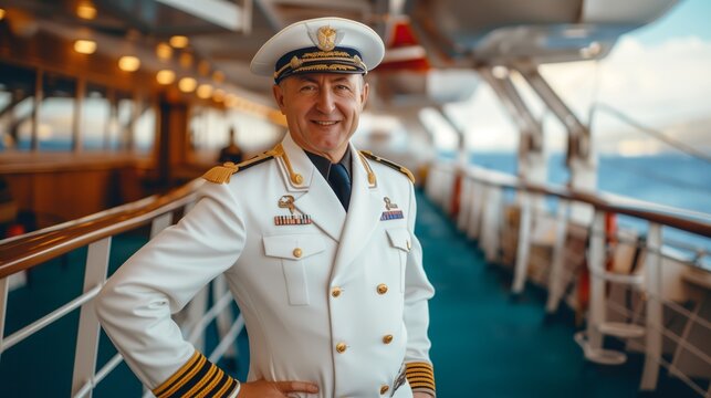 captain of a large cruise ship stands on the bridge
