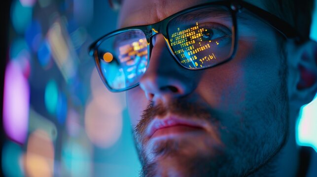 Data from a computer network is reflected in the glasses of a criminal hacker