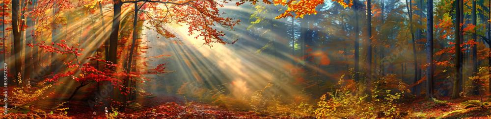 Wall mural panoramic view of a beautiful autumn forest with colorful trees and sun rays, a wide background in t - Wall murals