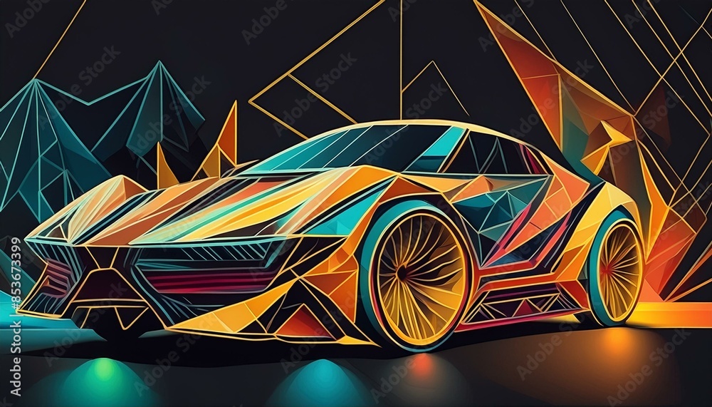 Wall mural geometry concept car illustration on black background, art design