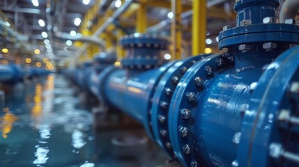 Obraz premium Image of a complex industrial pipeline system with blue pipes and flange connections highlighting technological industry facilities