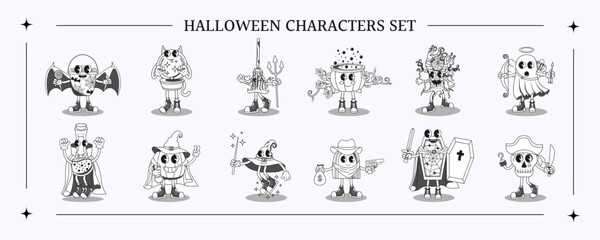 Set of Halloween groovy cartoon characters in a monochrome palette. Vector illustration with cute characters in retro style