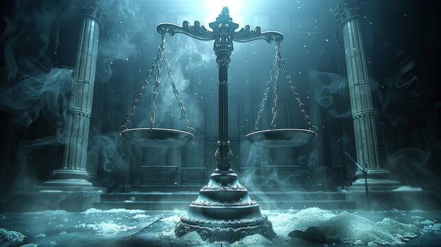 A balance scale symbolizes justice, set against a cold blue backdrop with ice and frost enhancing the scene's mood