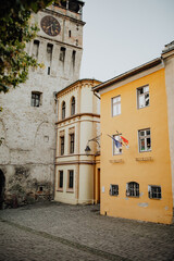 Close-up view of historical Clock Tower in the streets.  UNESCO World Heritage Sites