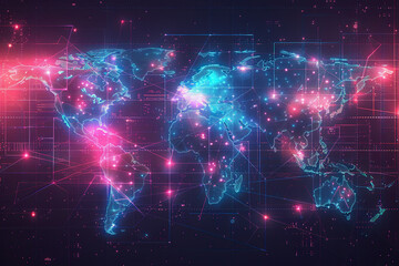 Obraz premium Digital illustration of a world map with dots, signals and neural connections. Generated by artificial intelligence