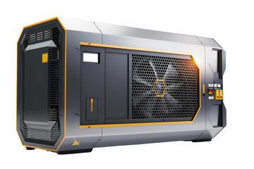 Obraz premium Industrial air conditioning unit with modern design, featuring powerful cooling fan and control panel, isolated on white background.