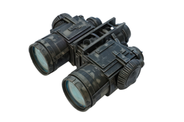 Isolated black binoculars with a camouflage pattern and cylindrical lenses used for long-distance viewing and observation.