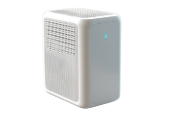 Modern air purifier with sleek design, perfect for improving indoor air quality, neutral background, highlighted blue indicator light.