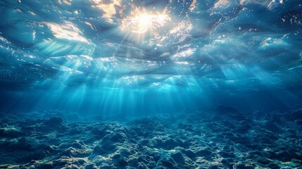Sunbeams penetrate clear blue ocean water, illuminating the underwater landscape below