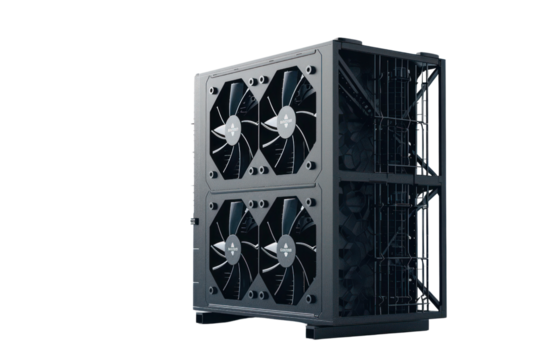 Modern computer hardware, close-up of a high-performance cooling system with multiple fans for efficient heat dissipation.