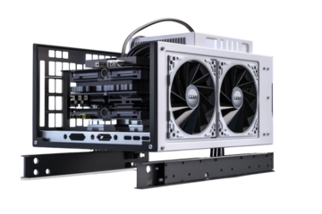 Open-frame computer case showing detailed internal components with powerful cooling fans, ideal for PC building enthusiasts and gamers.