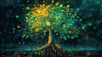 A vibrant illustration of a business ecosystem represented as a lush, green tree with branches connecting various business concepts like networking, growth, and innovation.