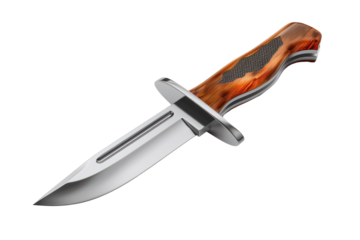 Sharp tactical fixed-blade knife with wooden handle, isolated on white background. Ideal for camping, hunting, or outdoor survival activities.