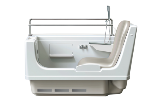 Side view of a modern white bathtub chair lift designed for elderly or disabled individuals, providing safe and comfortable bathing solutions.