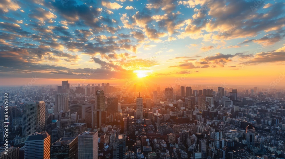 Wall mural Asia Business concept: modern city skyline aerial view of Tokyo, Japan's Shinjuku area at sunset, suitable for real estate and corporate construction - Wall murals