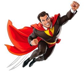 Distinguished superhero person flies with red cape