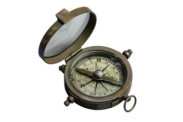 Vintage brass compass with open lid, showcasing detailed navigational markings and direction needle, ideal for exploration and adventure themes.
