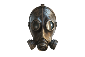 Vintage gas mask isolated on a white background, showcasing a weathered, old-school design with intricate details and a steampunk vibe.