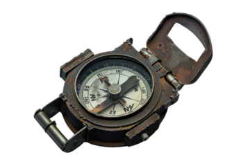 Vintage rusty compass on white background, symbolizing exploration and adventure. An essential tool for navigation and outdoor activities.